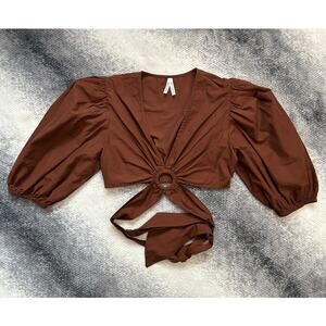 Live 4 Truth Puff Sleeve Cropped Strap Tie Brown Top Size Medium Rodeo Western